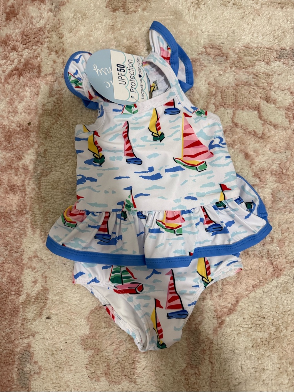 Girls' Sailboat Print UPF Swim Dress - White with Multicolor Sails